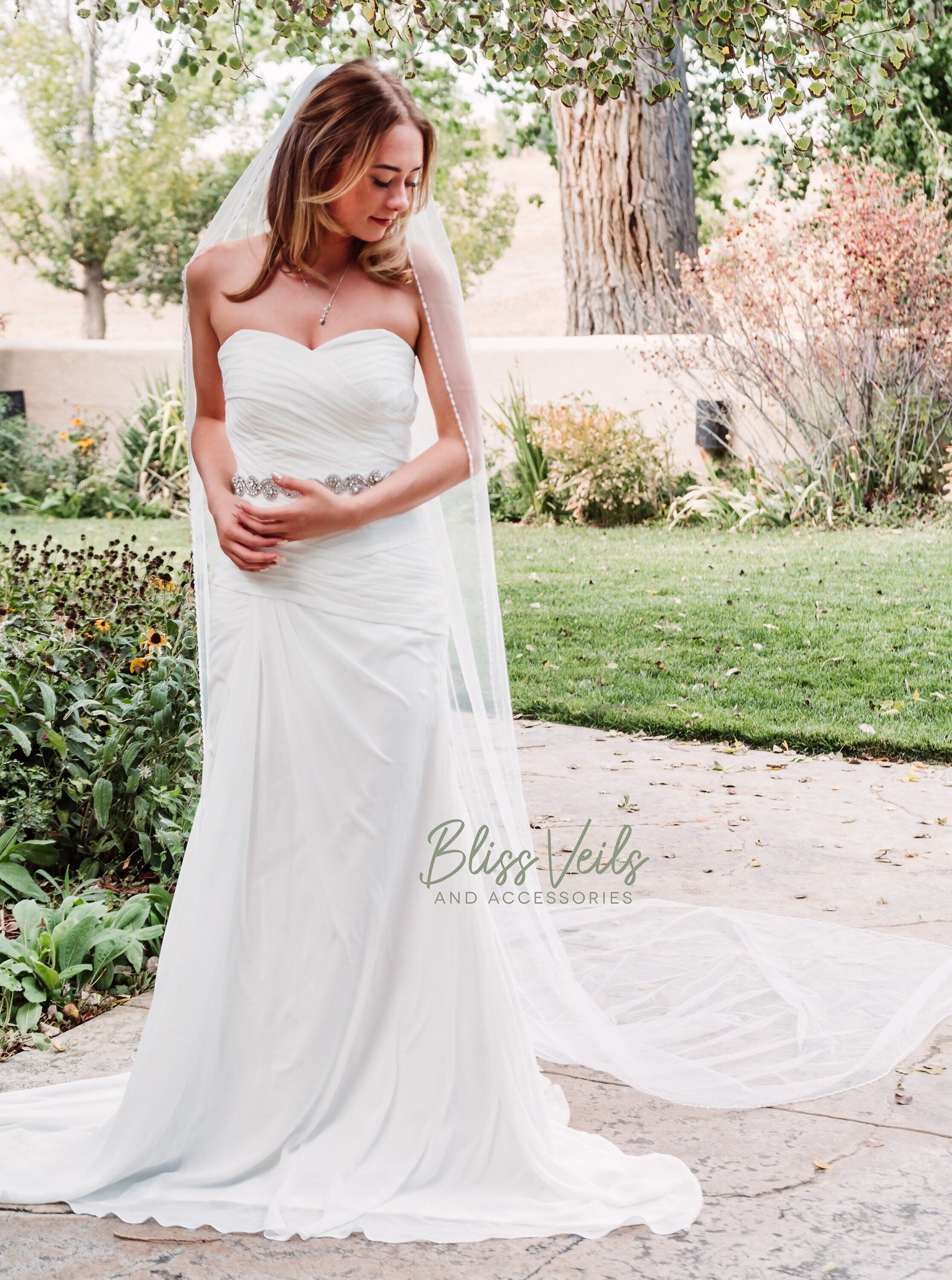 Pearl and crystal bead detail on soft tulle wedding veil
