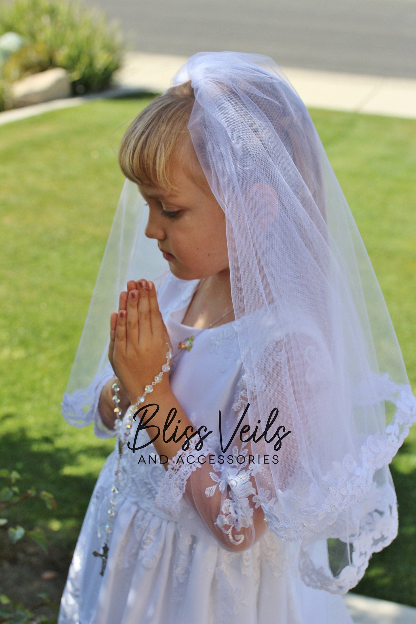 Scalloped lace First Communion veil with two layers and small metal comb