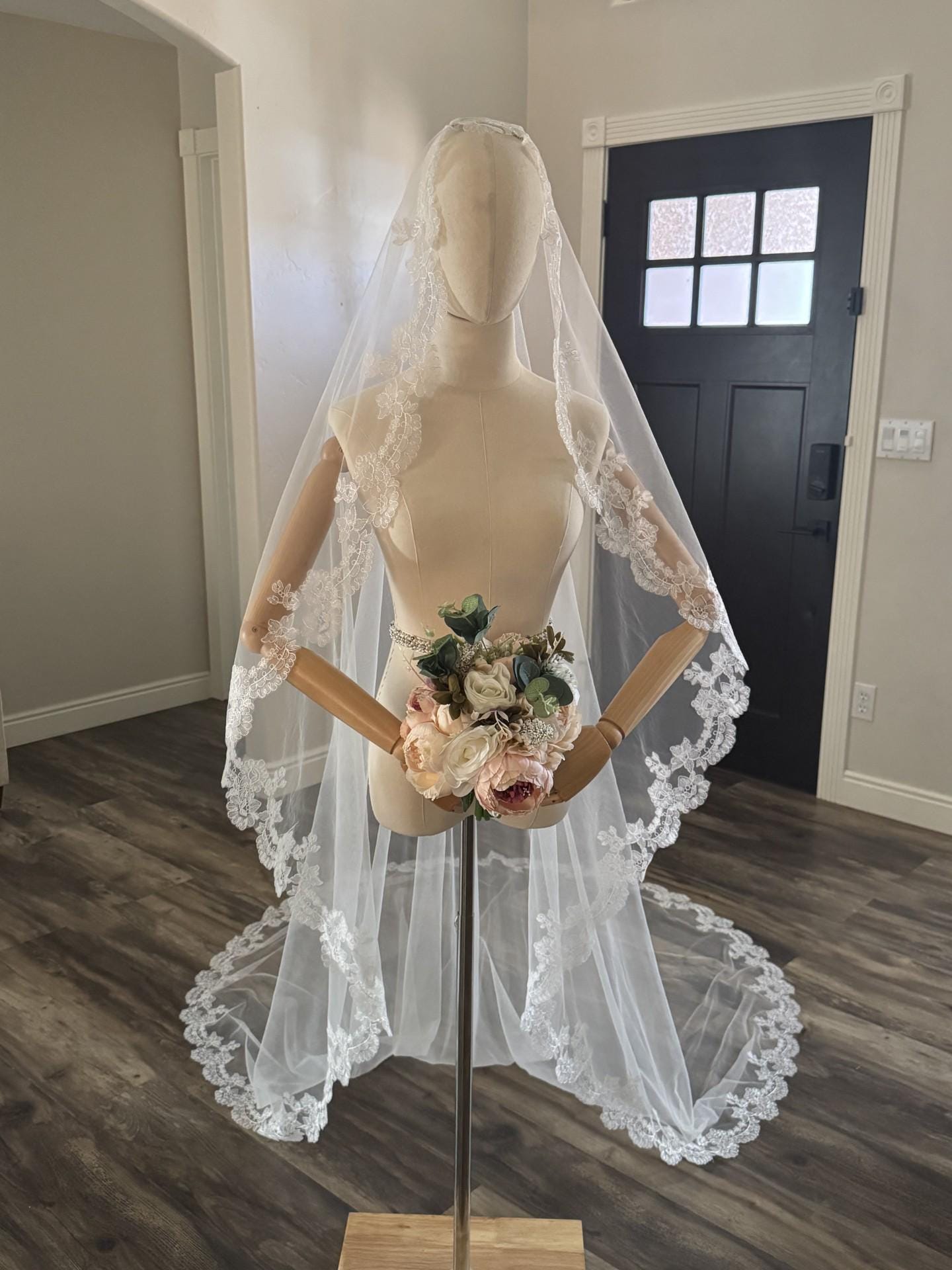 Mantilla lace bridal veil made with soft tulle