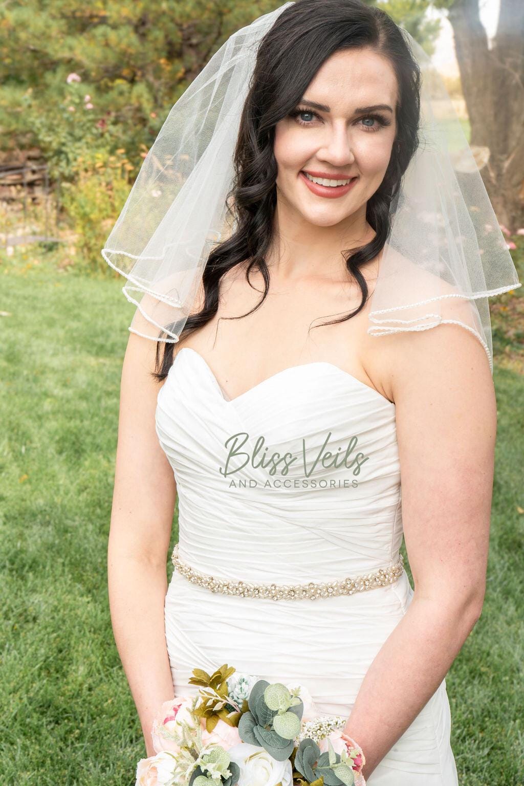 Short pearl trim wedding veil with two layer design
