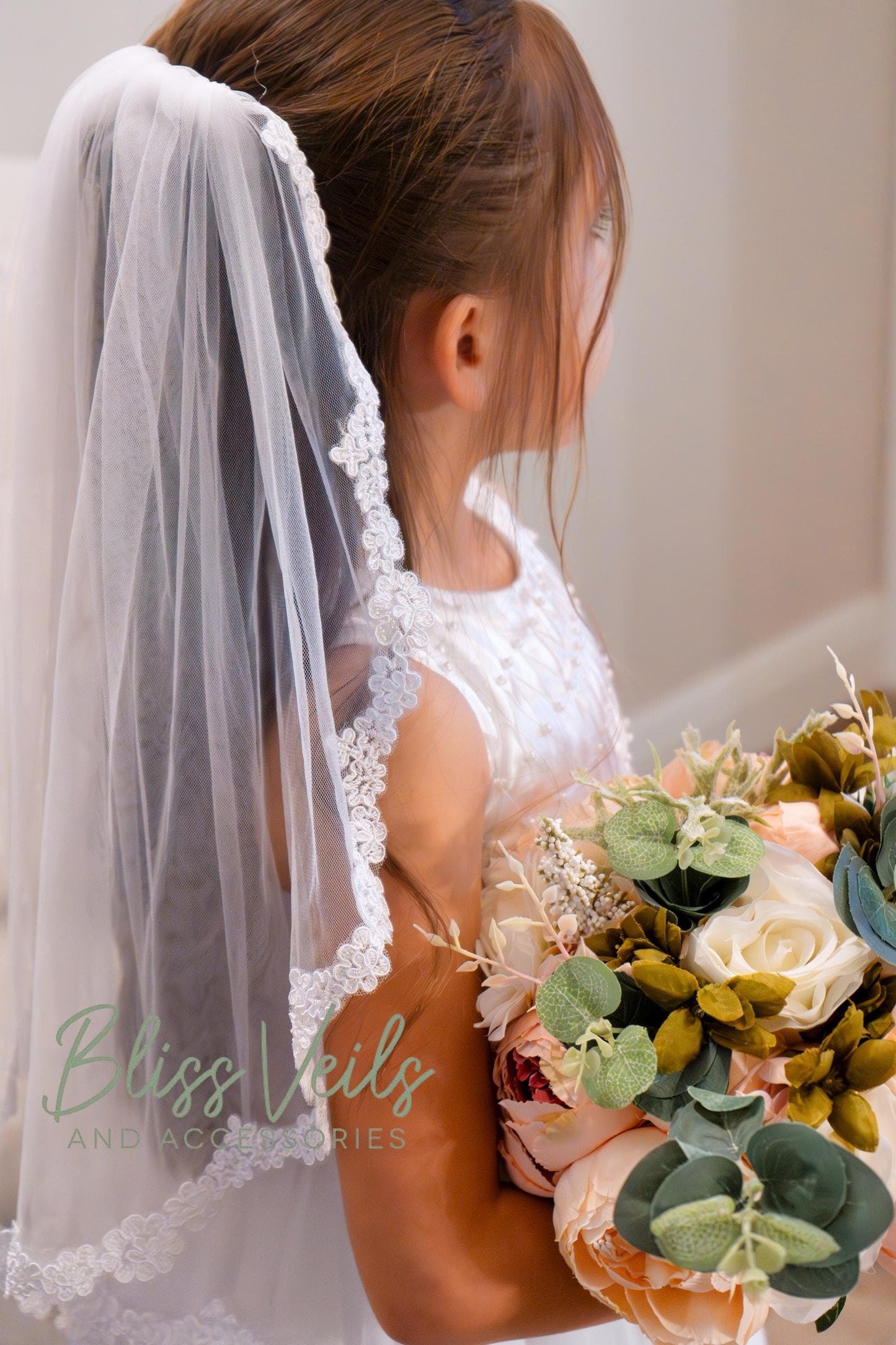First Holy Communion veil with lace trim in soft tulle, classic Communion style with delicate lace detail