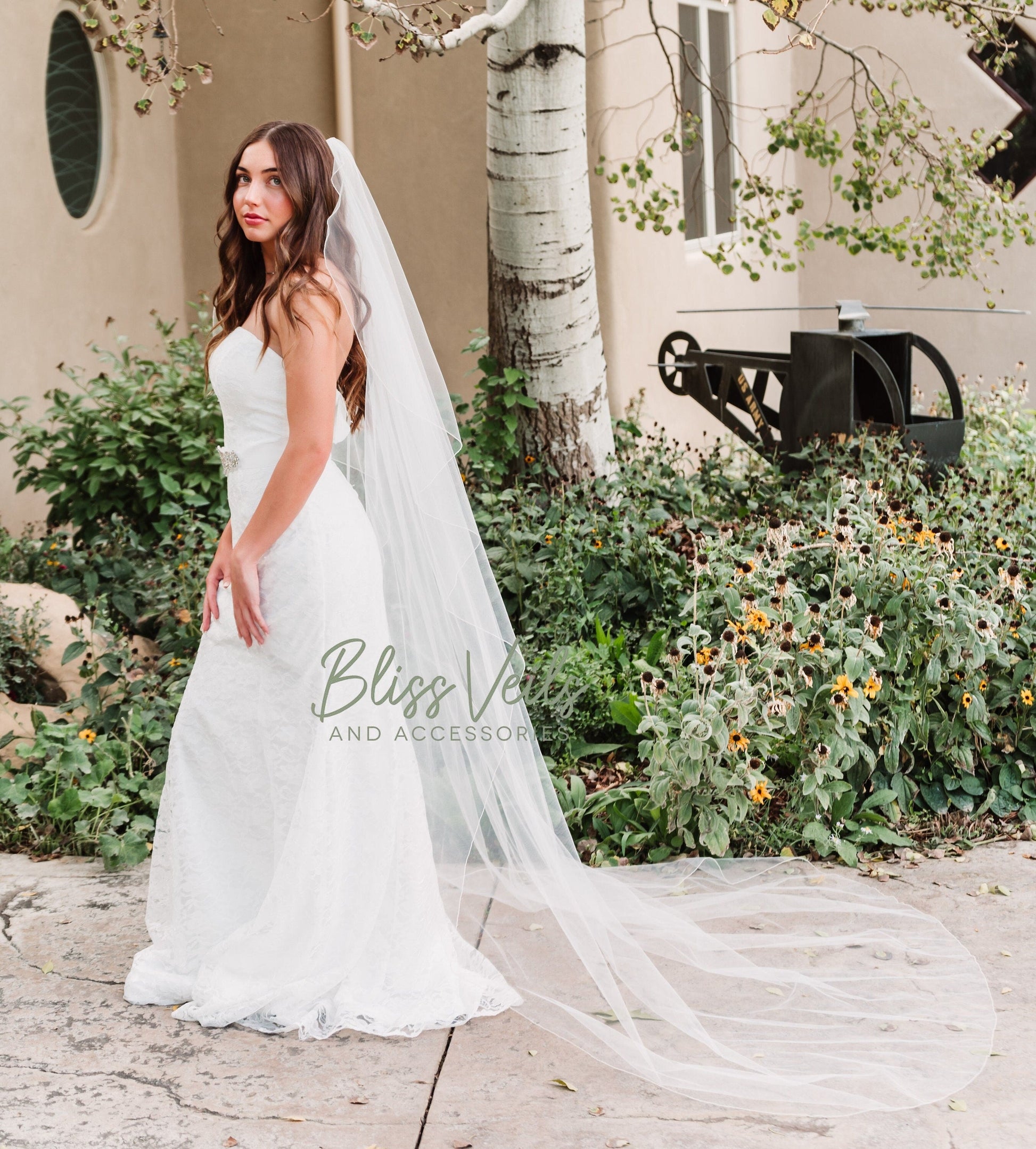 One tier angel cut wedding veil with flowing drape