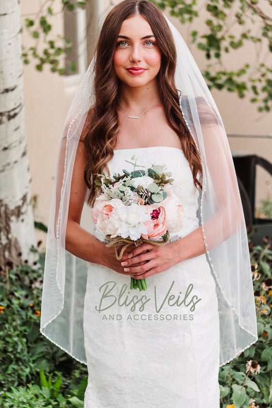Crystal beaded wedding veil on soft tulle