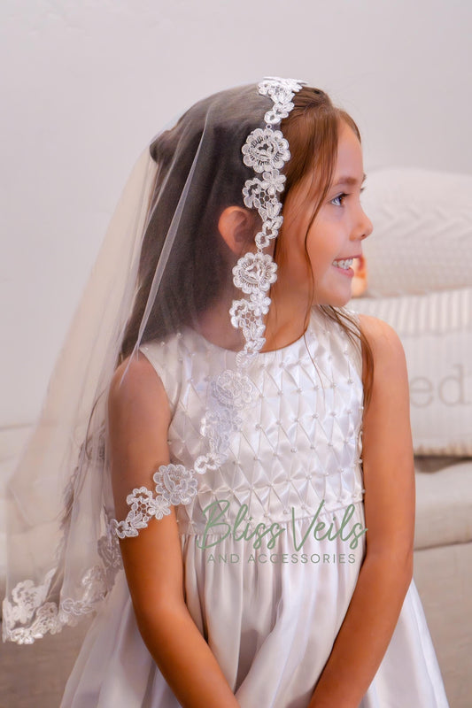 First Communion floral lace mantilla veil with soft tulle and delicate lace trim in bright white