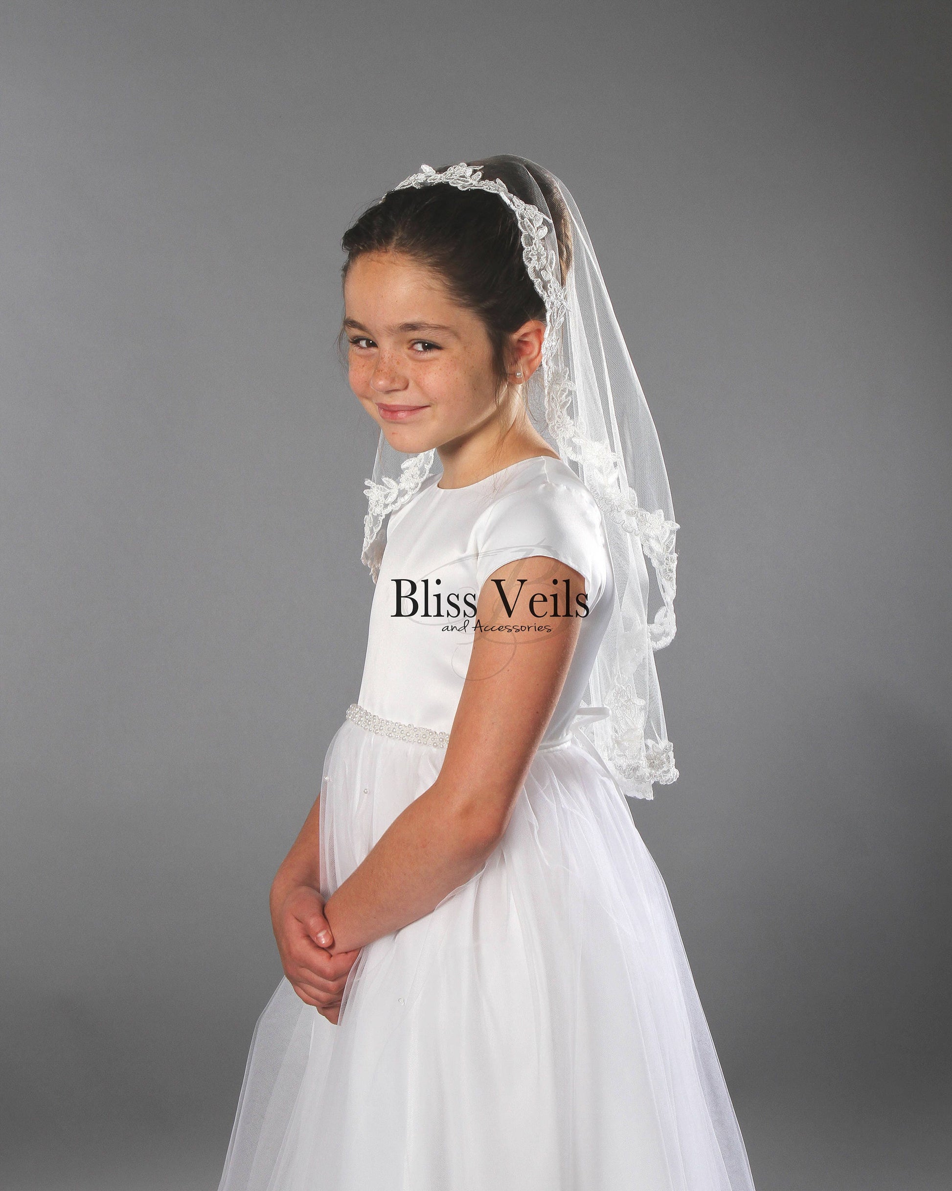 Traditional Communion mantilla veil with lace trim