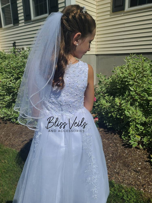 First Communion veil with pearl trim in soft white tulle