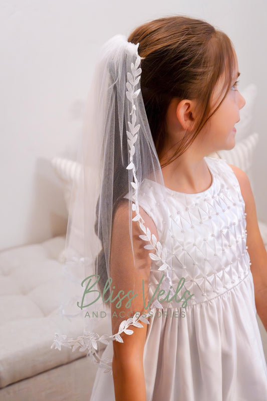 Leaf lace First Communion veil made with soft tulle