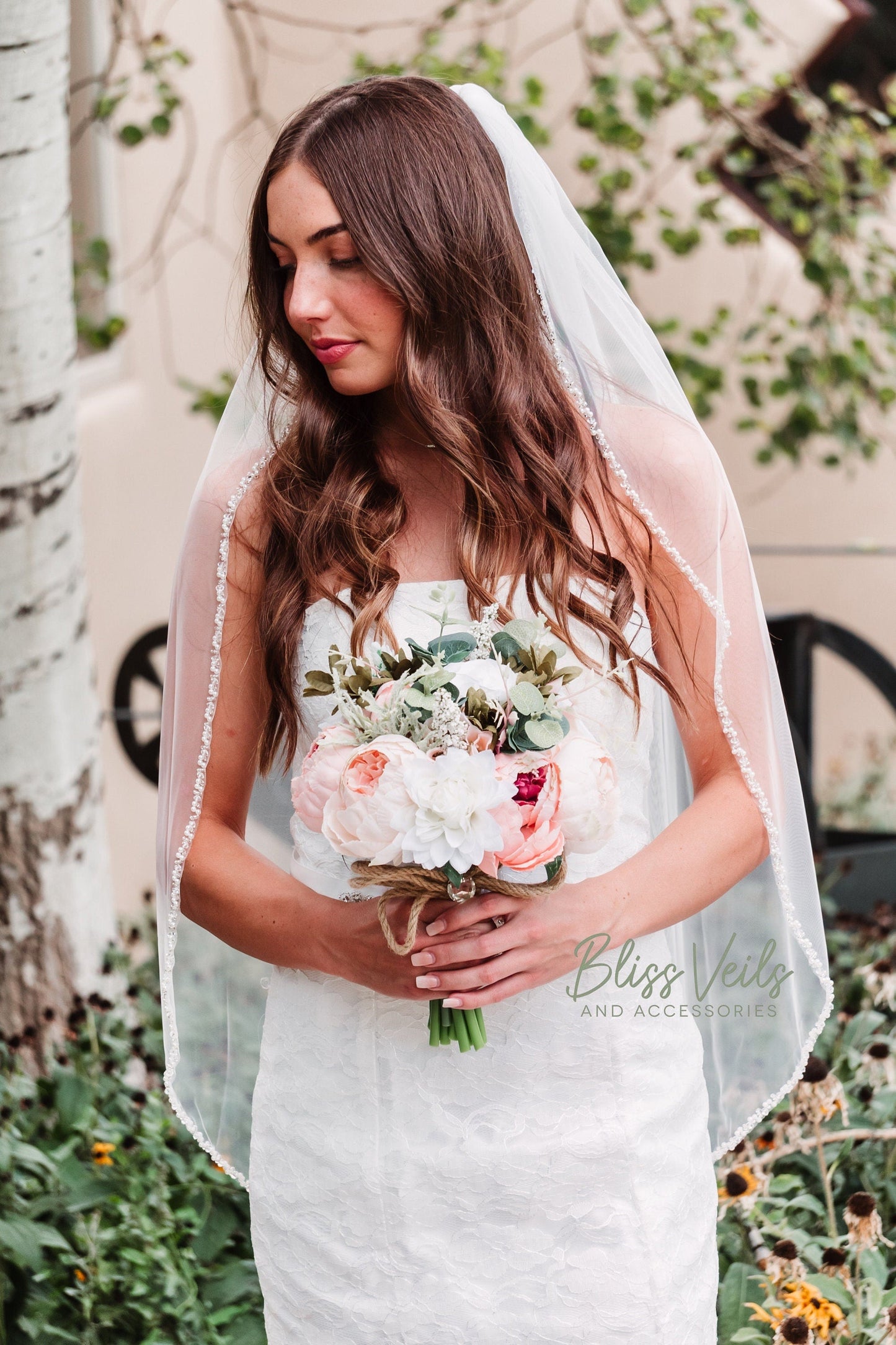 Pearl beaded wedding veil on soft tulle