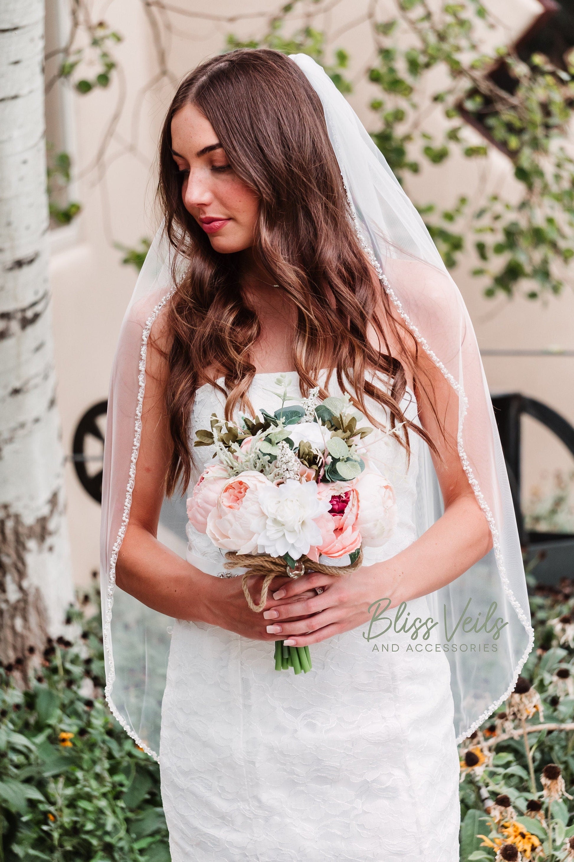 Pearl beaded wedding veil on soft tulle