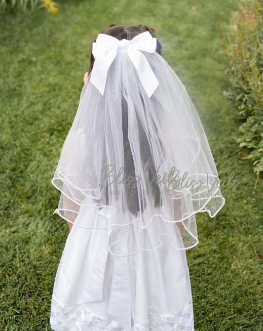 Pearl trim First Communion veil with bow accent 