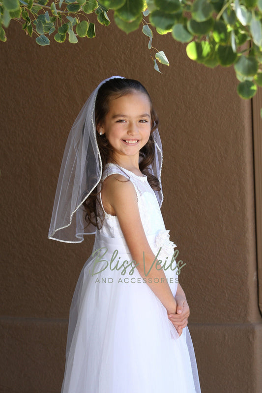 Pearl and rhinestone trim First Communion veil in white with traditional design