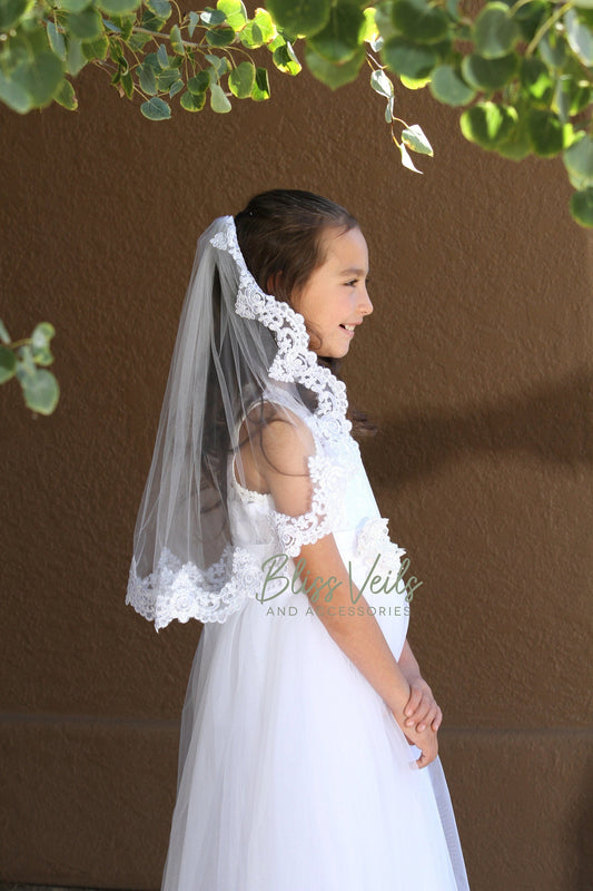 Scalloped lace First Communion veil in bright white