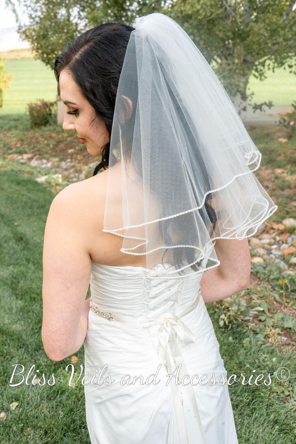 Short two layer wedding veil with pearl trim in soft white or light ivory
