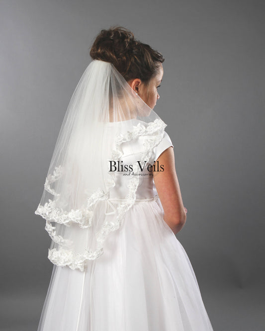 Two tier First Communion veil with scalloped lace trim in bright white soft tulle