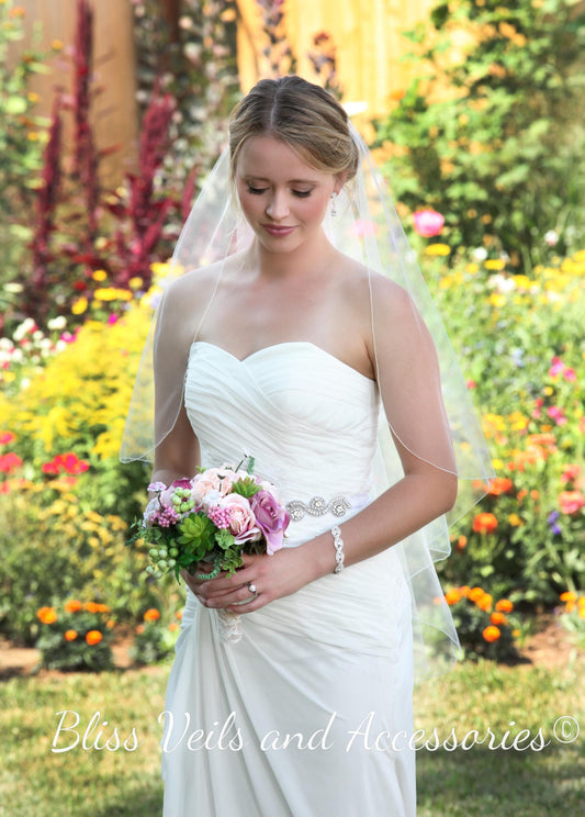 Waterfall wedding veil with pencil edge in soft tulle, fingertip length