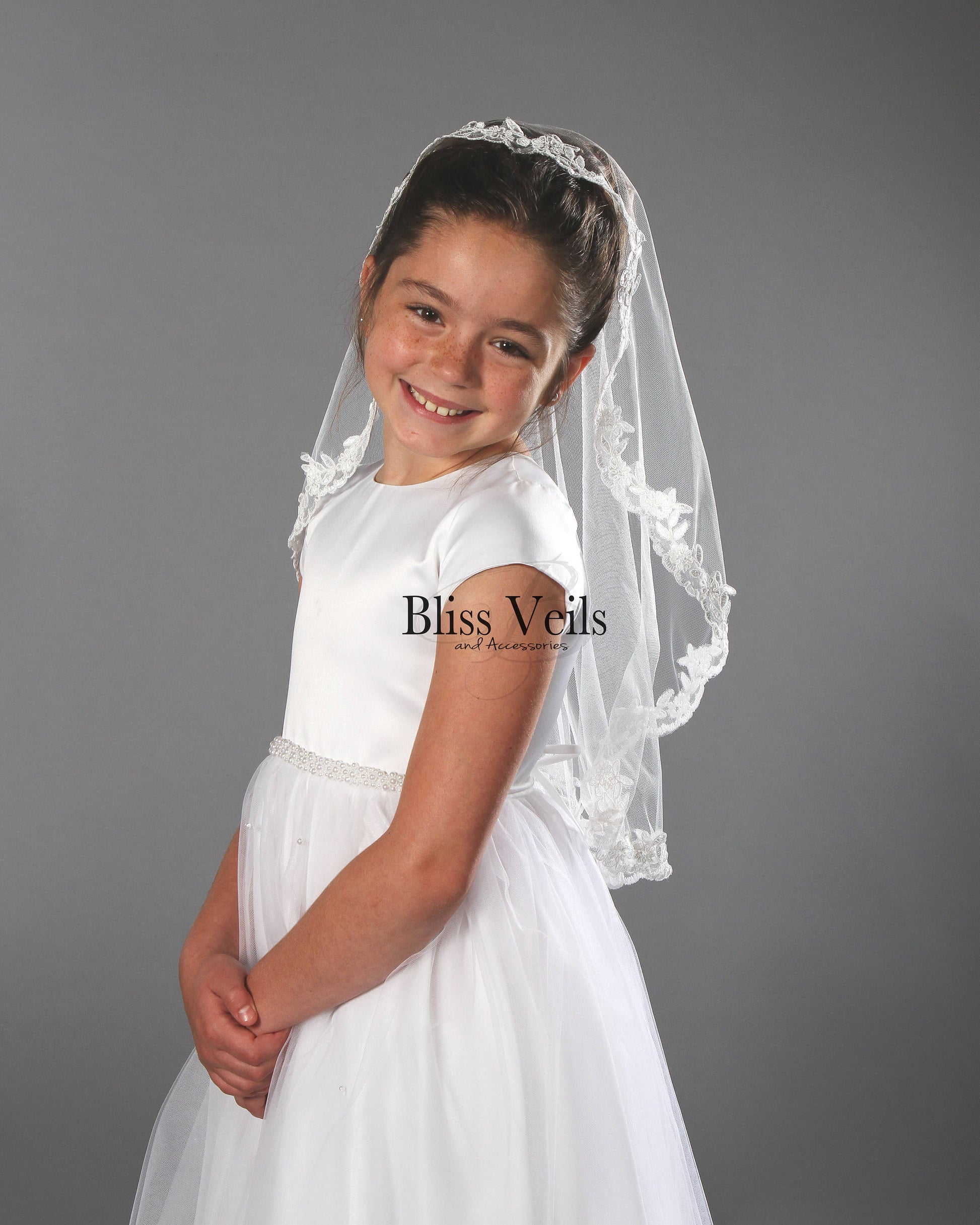 Scalloped lace Communion mantilla veil made from soft tulle