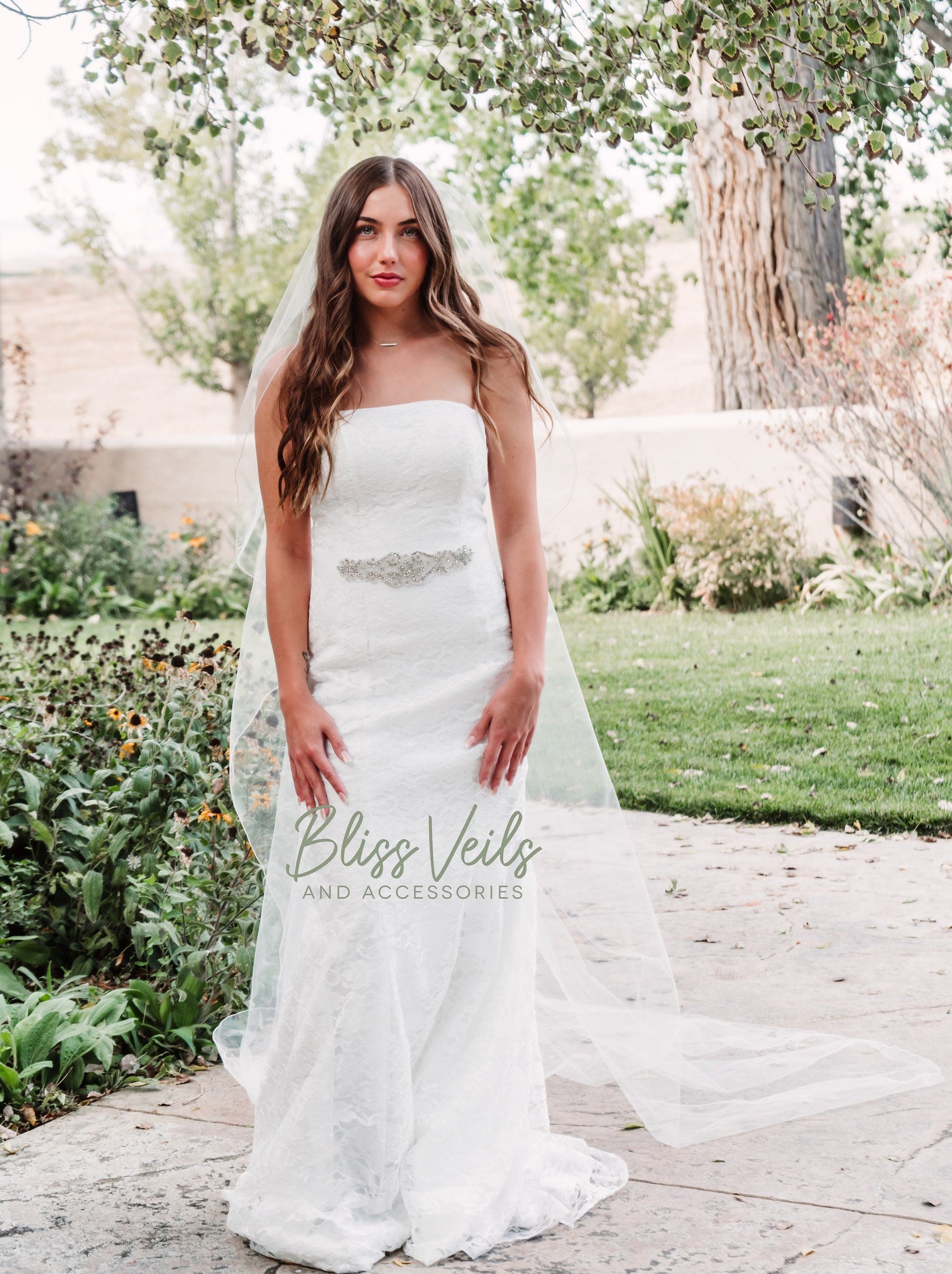 Cascade edge detail on angel cut wedding veil