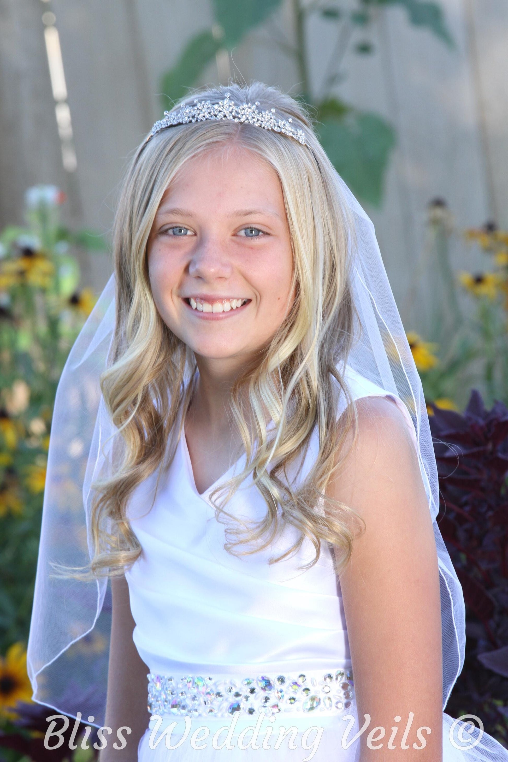 One-layer First Communion veil and tiara set with pencil edge detail, shown in soft tulle for a traditional Communion look.