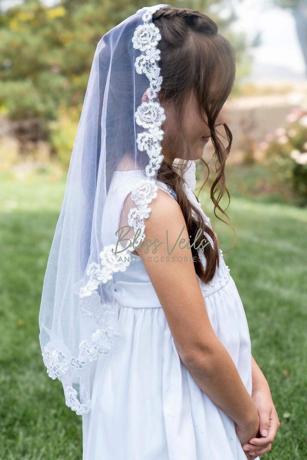 Floral lace mantilla First Holy Communion veil made with soft tulle for a traditional Catholic ceremony