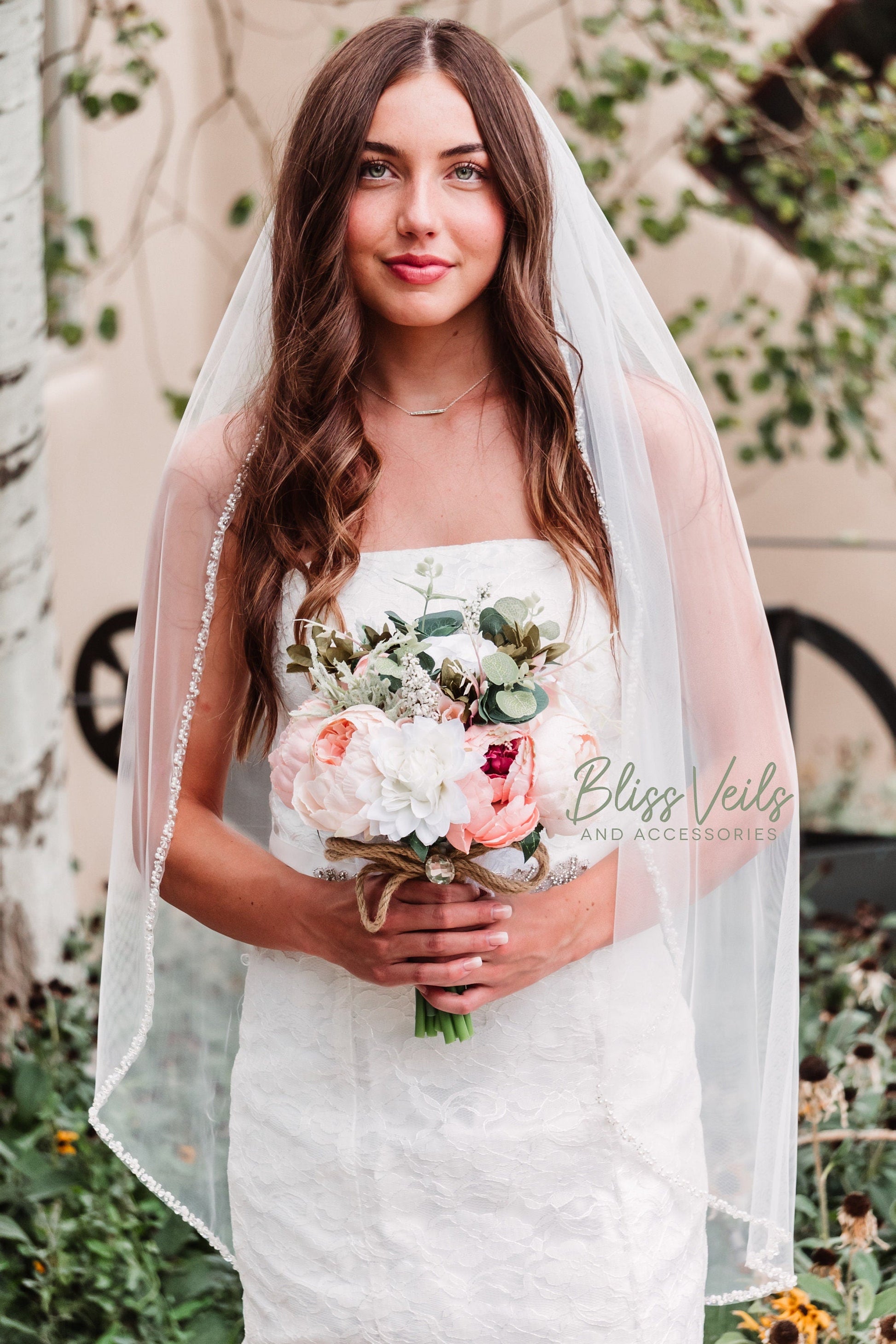 Fingertip pearl beaded bridal veil