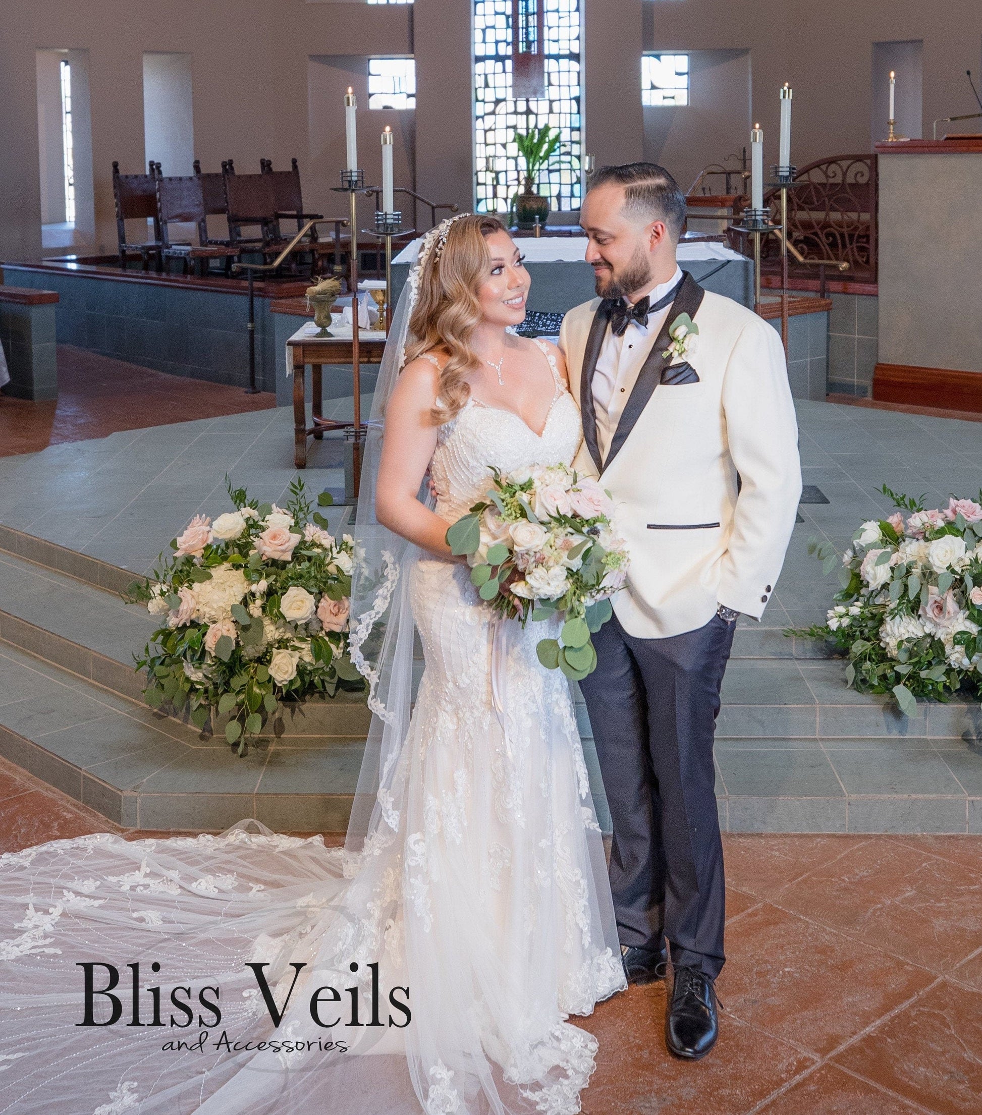 Lace mantilla wedding veil with scalloped edge and soft drape